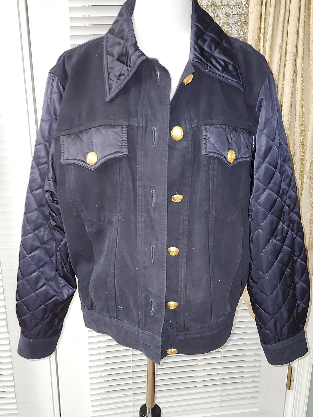 Women’s Quilted Vintage Sleeve Navy Jacket with Gold Buttons